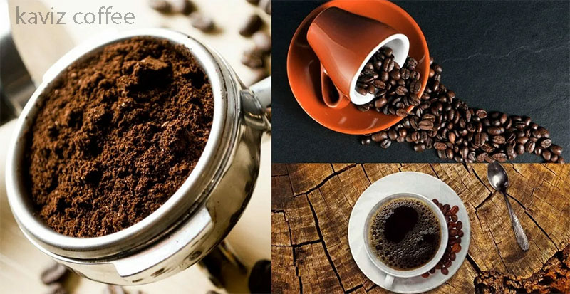 دانه های قهوه و پودر قهوه و یک فنجان قهوه در نسبت دم آوری